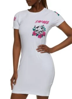 Savage Skull Rose Graphic T Shirt Dress