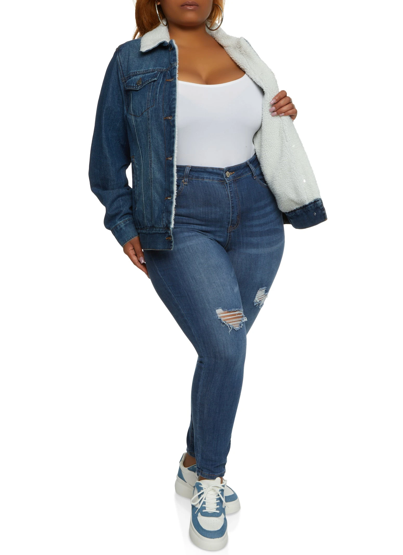 Plus Size Sherpa Lined Denim Jacket - Image 2