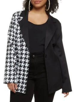 Plus Size Color Block Houndstooth Blazer