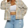 Plus Size Plaid Cropped Button Front Shacket