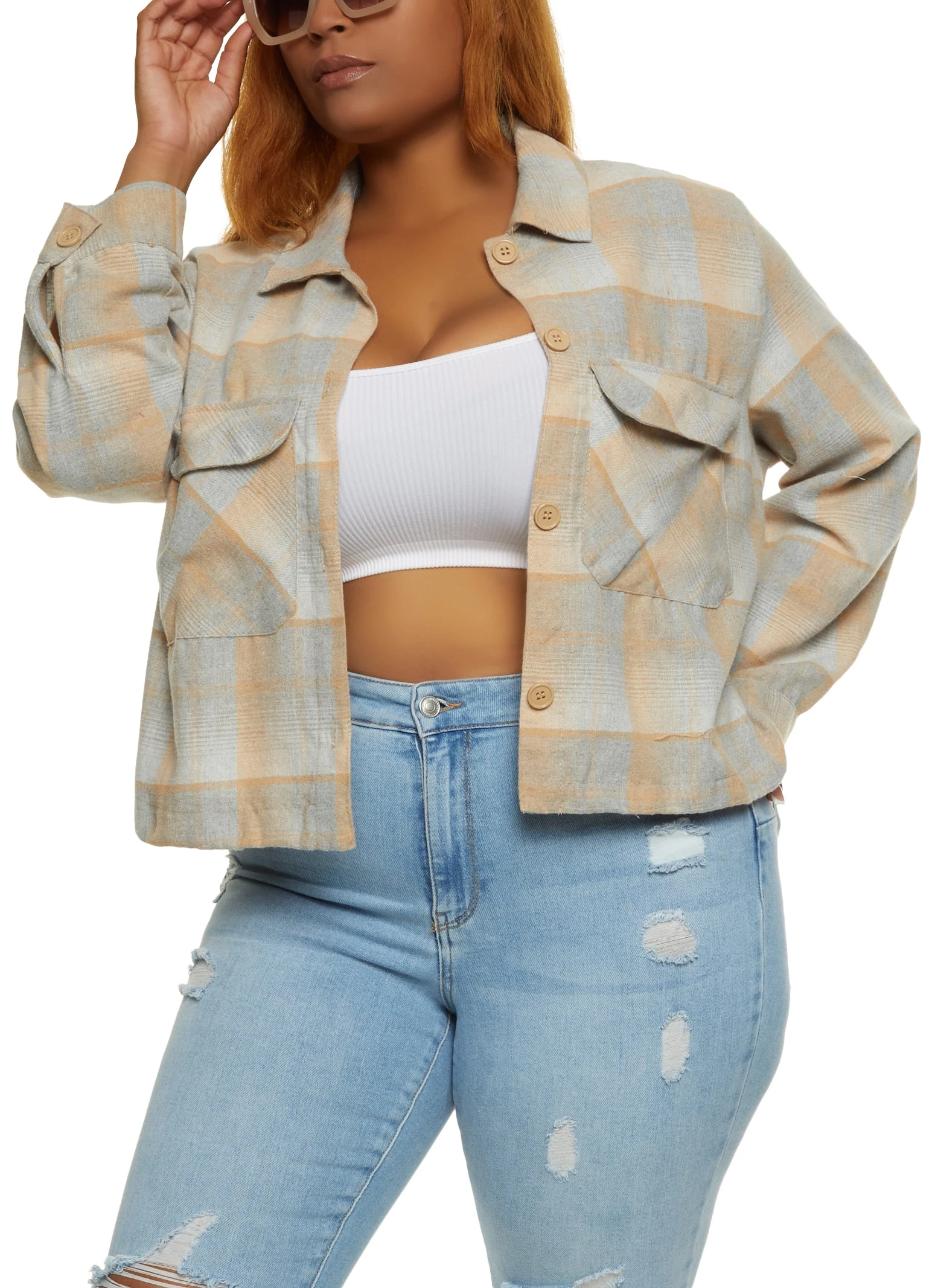 Plus Size Plaid Cropped Button Front Shacket