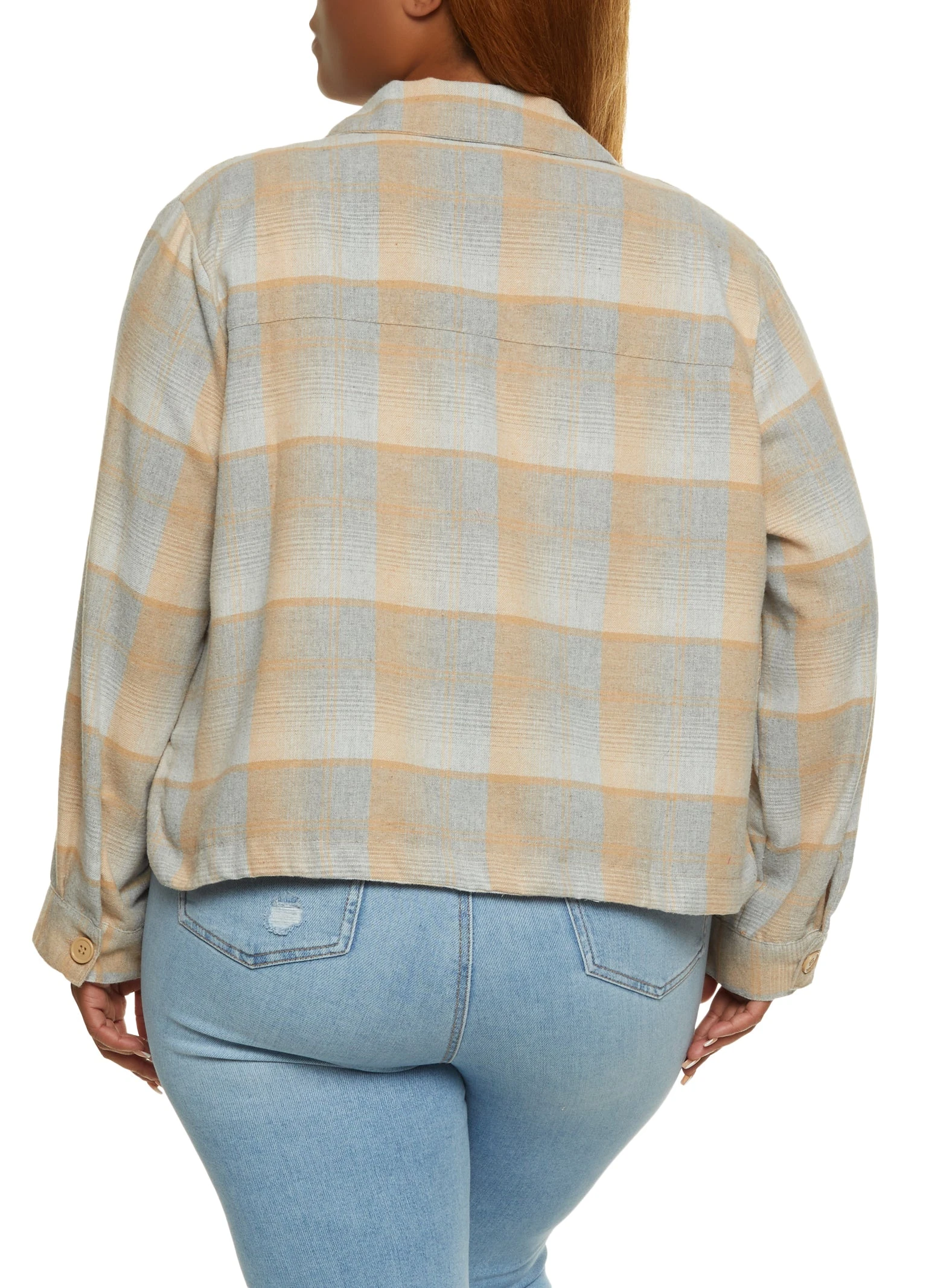 Plus Size Plaid Cropped Button Front Shacket - Image 2