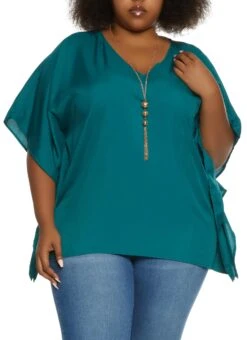 Plus Size Solid Poncho With Necklace