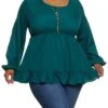 Plus Size Ruffle Trim Peplum Blouse With Necklace