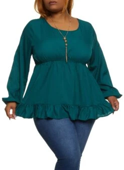 Plus Size Ruffle Trim Peplum Blouse With Necklace