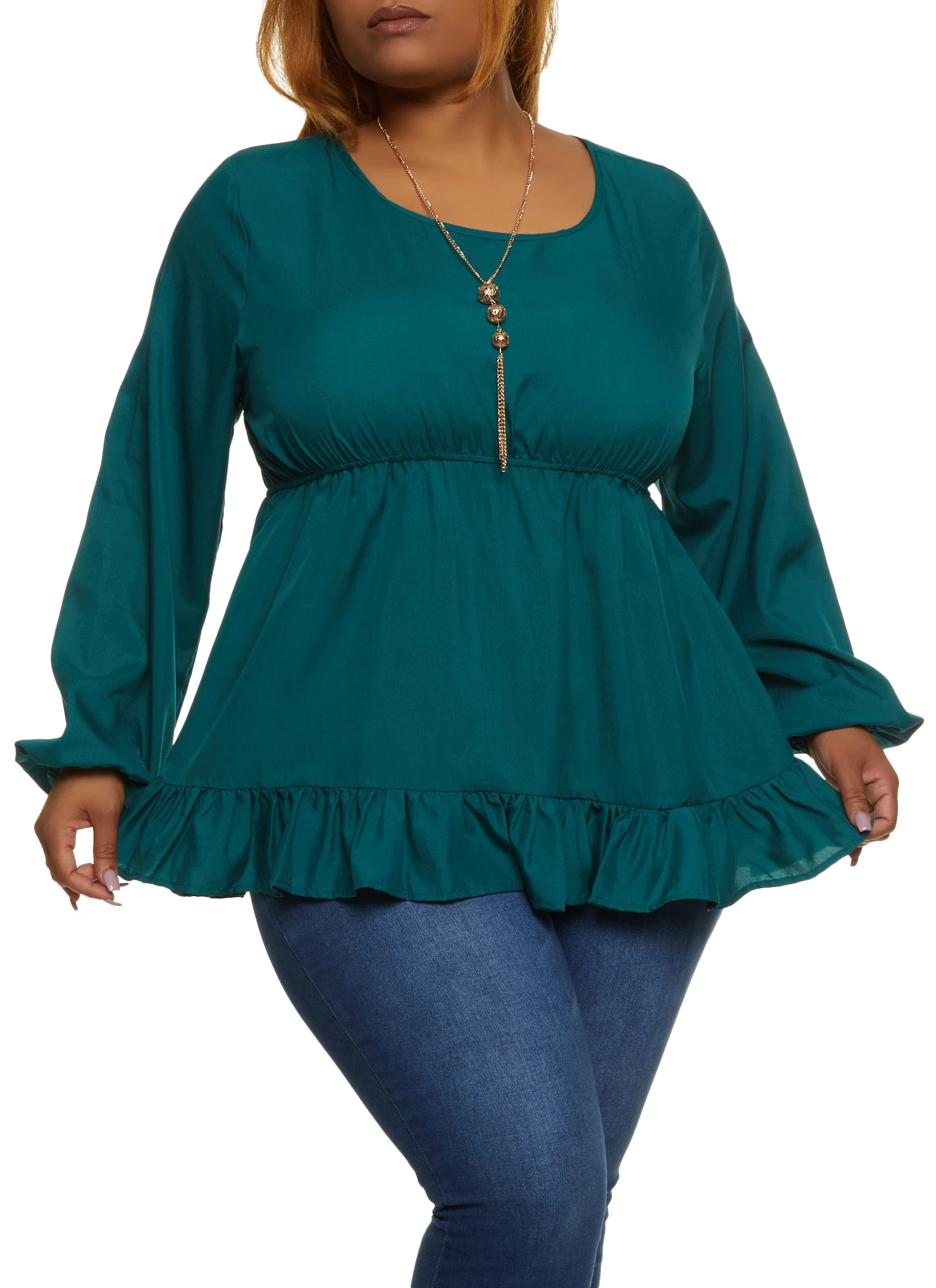 Plus Size Ruffle Trim Peplum Blouse With Necklace