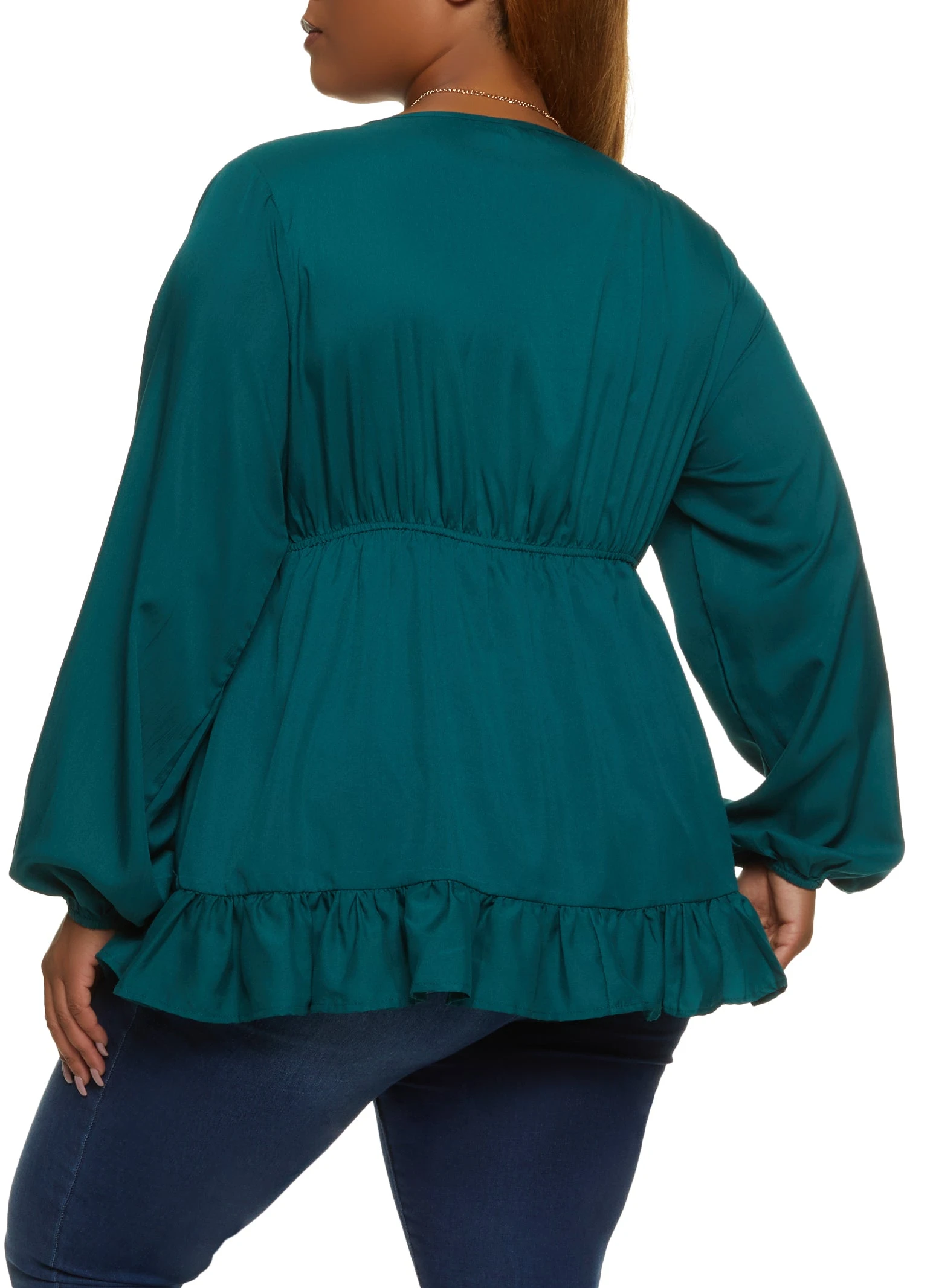 Plus Size Ruffle Trim Peplum Blouse With Necklace - Image 2