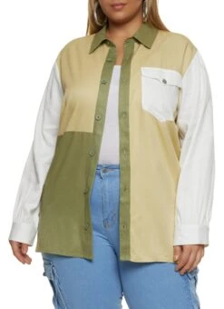 Plus Size Color Block Button Front Shirt
