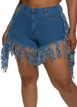 Plus Size Fringe Hem Detail Denim Shorts