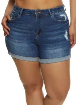 Plus Size WAX Rolled Cuff Distressed Denim Shorts