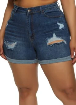 Plus Size WAX Distressed Roll Cuff Shorts