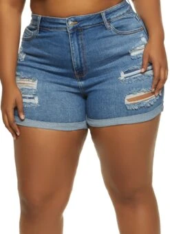 Plus Size WAX Roll Cuff Distressed Mom Shorts
