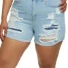 Plus Size WAX Rolled Cuff Ripped Denim Shorts