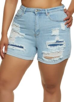 Plus Size WAX Rolled Cuff Ripped Denim Shorts