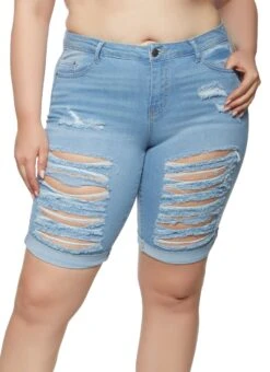 Plus Size WAX Ripped Bermuda Denim Shorts