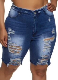 Plus Size Frayed Waist Denim Bermuda Shorts