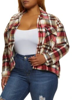 Plus Size Plaid Sherpa Lined Brushed Knit Shacket