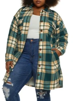 Plus Size Plaid Sherpa Lined Brushed Knit Long Shacket