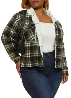 Plus Size Plaid Brushed Knit Sherpa Lined Shacket