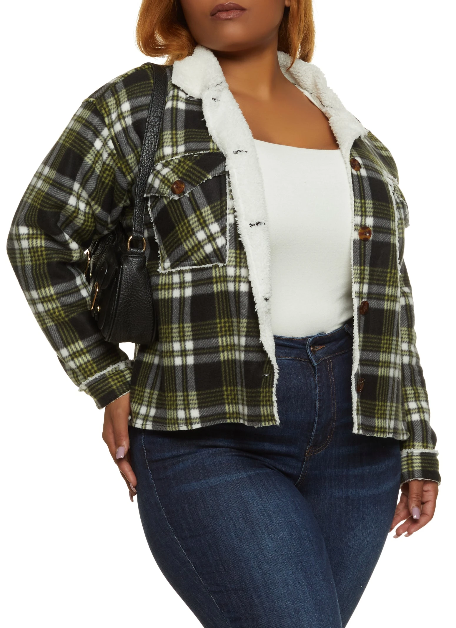 Plus Size Plaid Brushed Knit Sherpa Lined Shacket