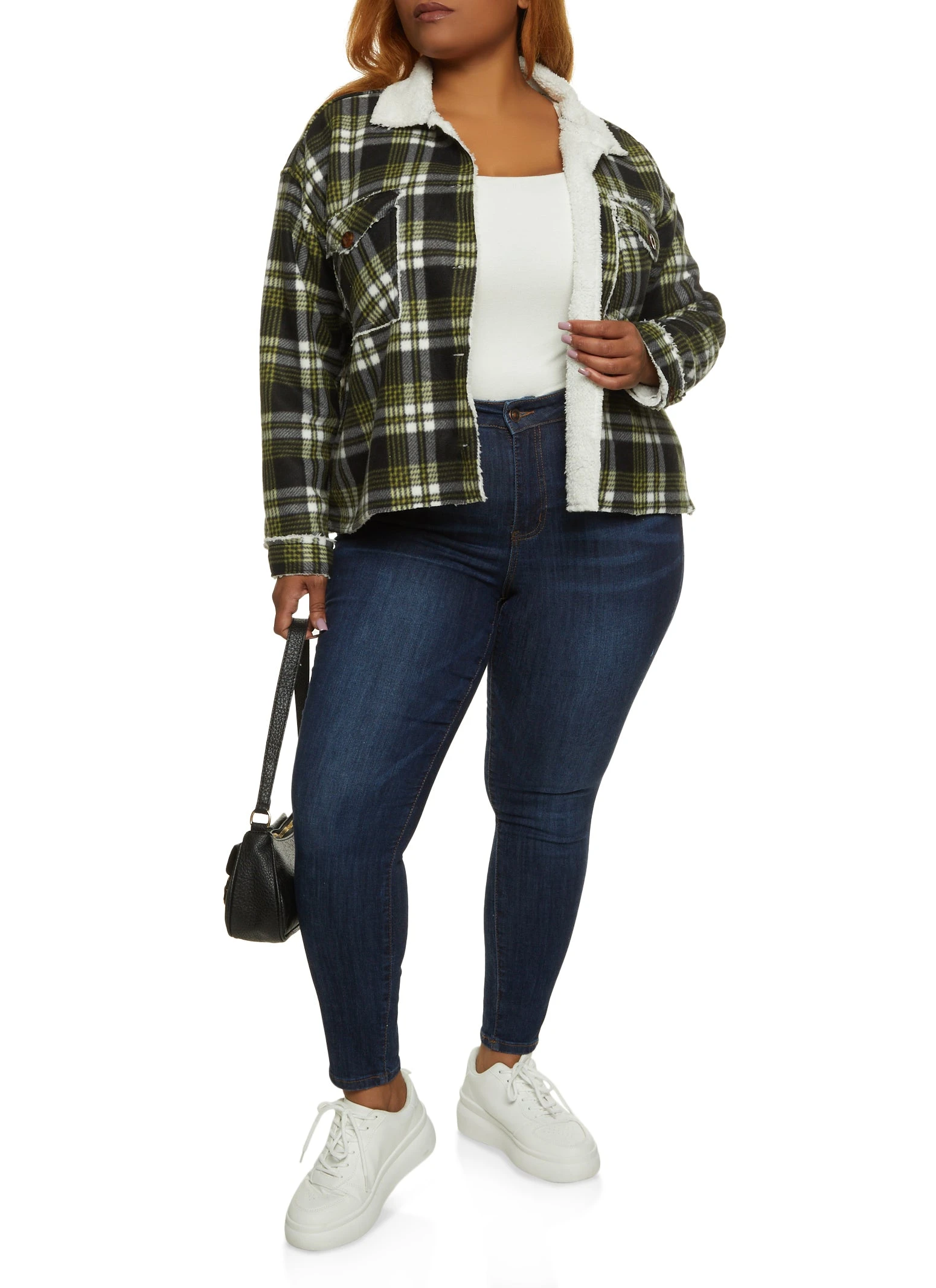 Plus Size Plaid Brushed Knit Sherpa Lined Shacket - Image 2