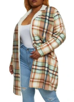 Plus Size Plaid Brushed Knit Sherpa Lined Coat