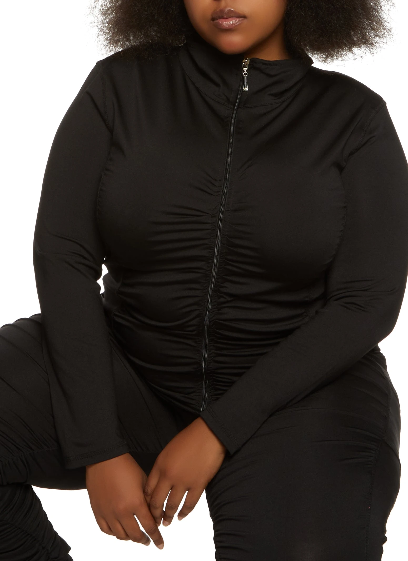 Plus Size Ruched Zip Front Track Jacket