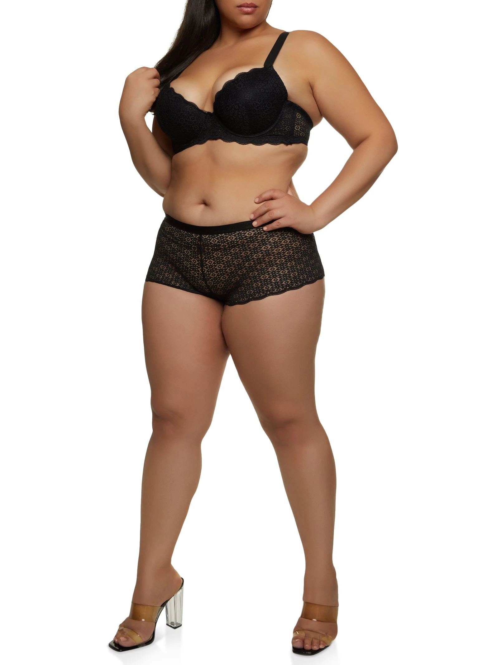 Plus Size Flower Lace Scalloped Hem Plunge Bra - Image 2