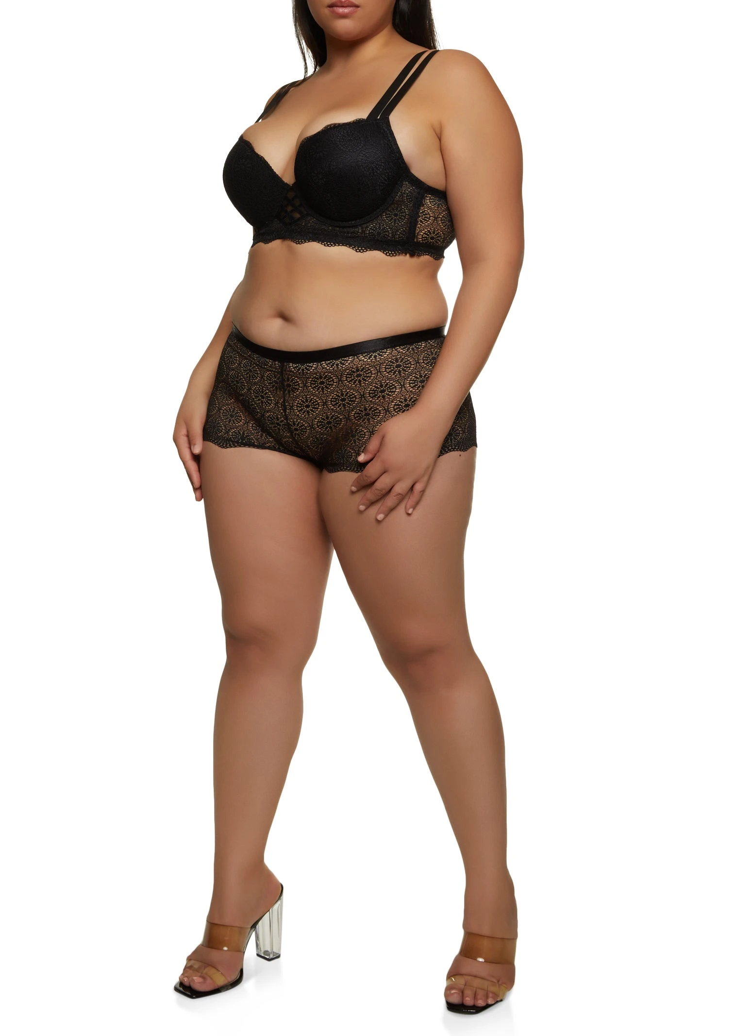 Plus Size Double Strap Caged Front Longline Plunge Bra - Image 2