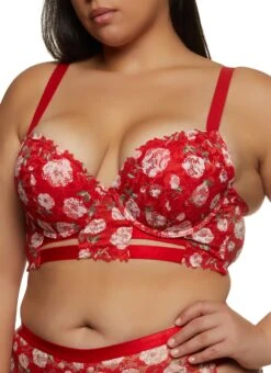 Plus Size Floral Print Lace Caged Longline Bra