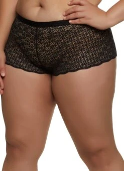 Plus Size Floral Lace Solid Trim Boyshort Panty