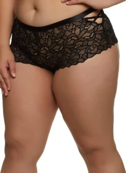 Plus Size Caged Side Detail Patterned Lace Boyshort Panty