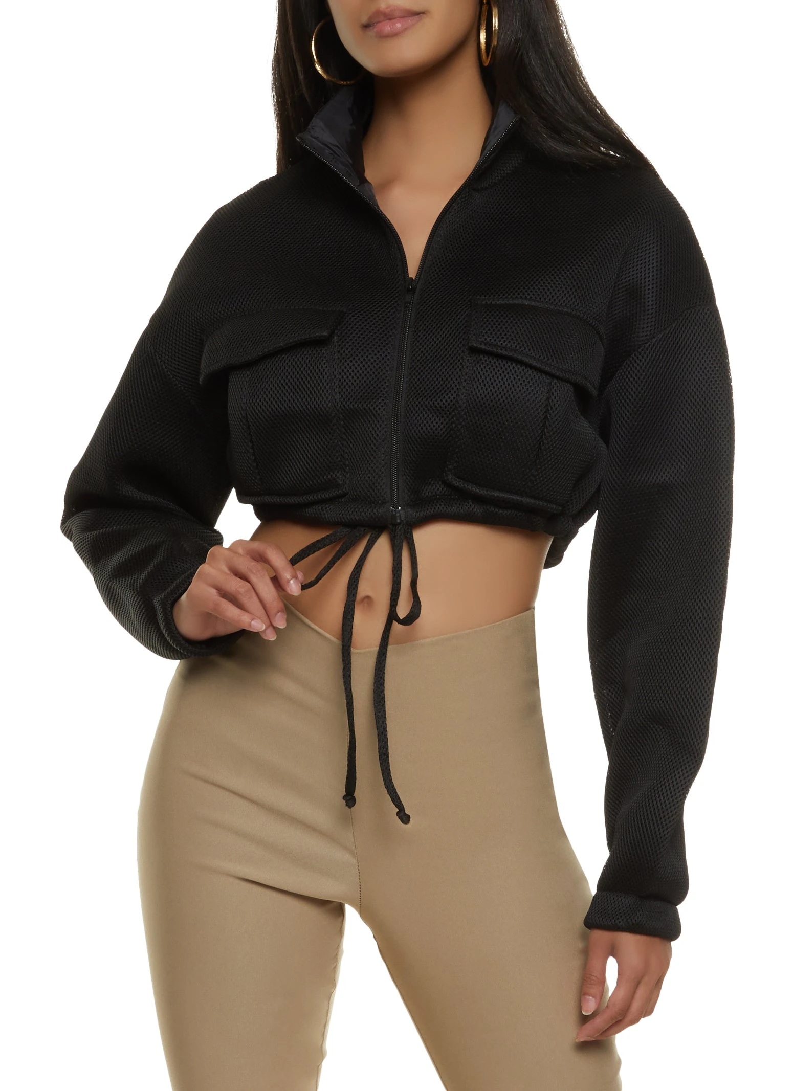 Jersey Mesh Drawstring Hem Cropped Jacket