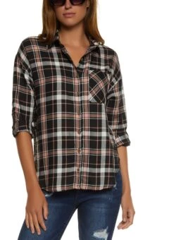 Ambiance Plaid Tabbed Sleeve Button Down Top