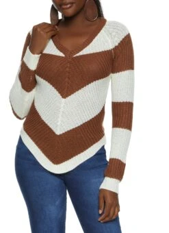 Chevron Striped Lace Up Back Sweater