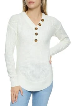 Waffle Knit Faux Button Detail Sweater