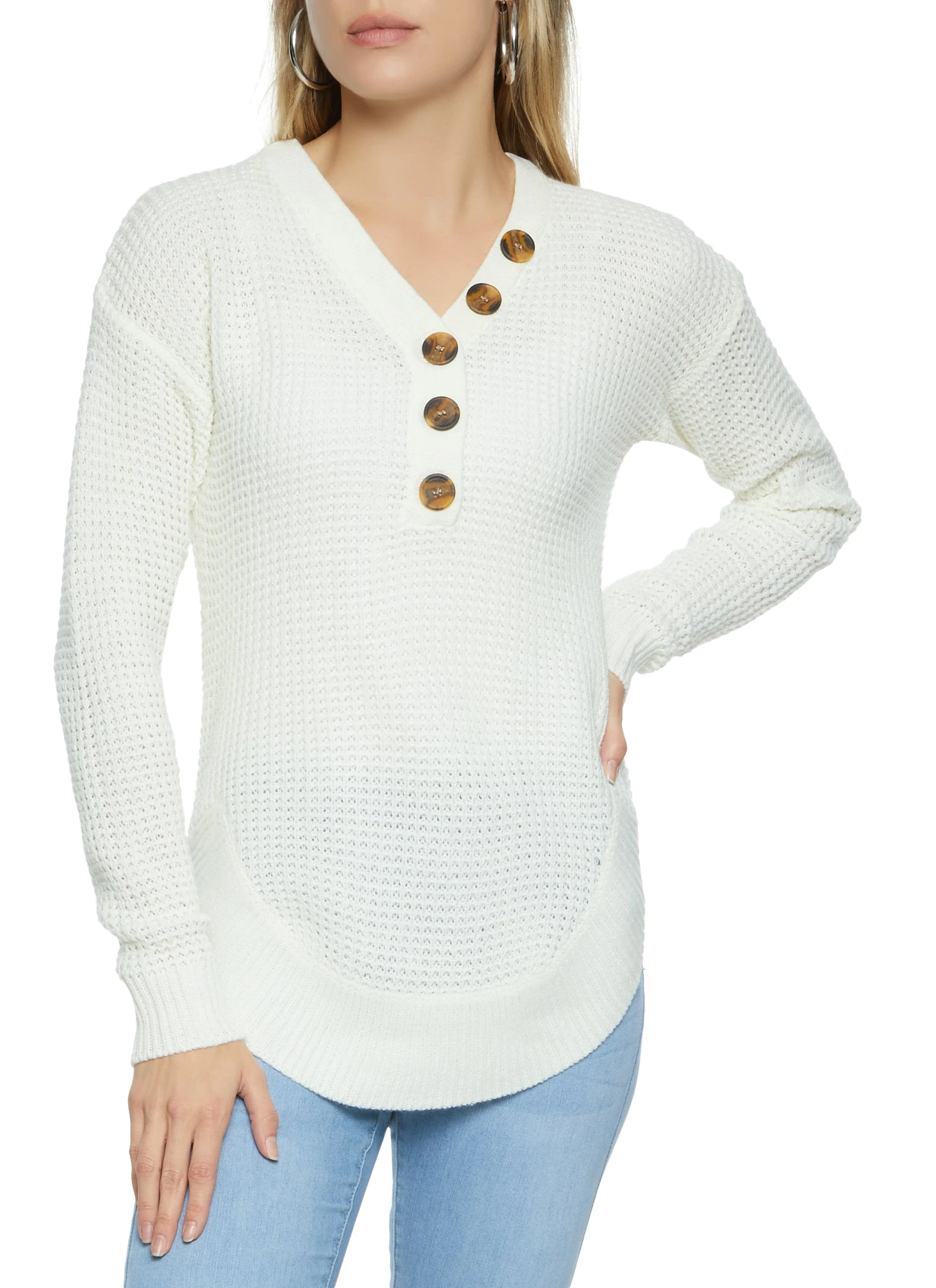Waffle Knit Faux Button Detail Sweater