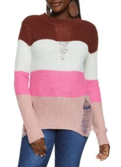 Color Blocked Striped Distressed Tunic Sweater