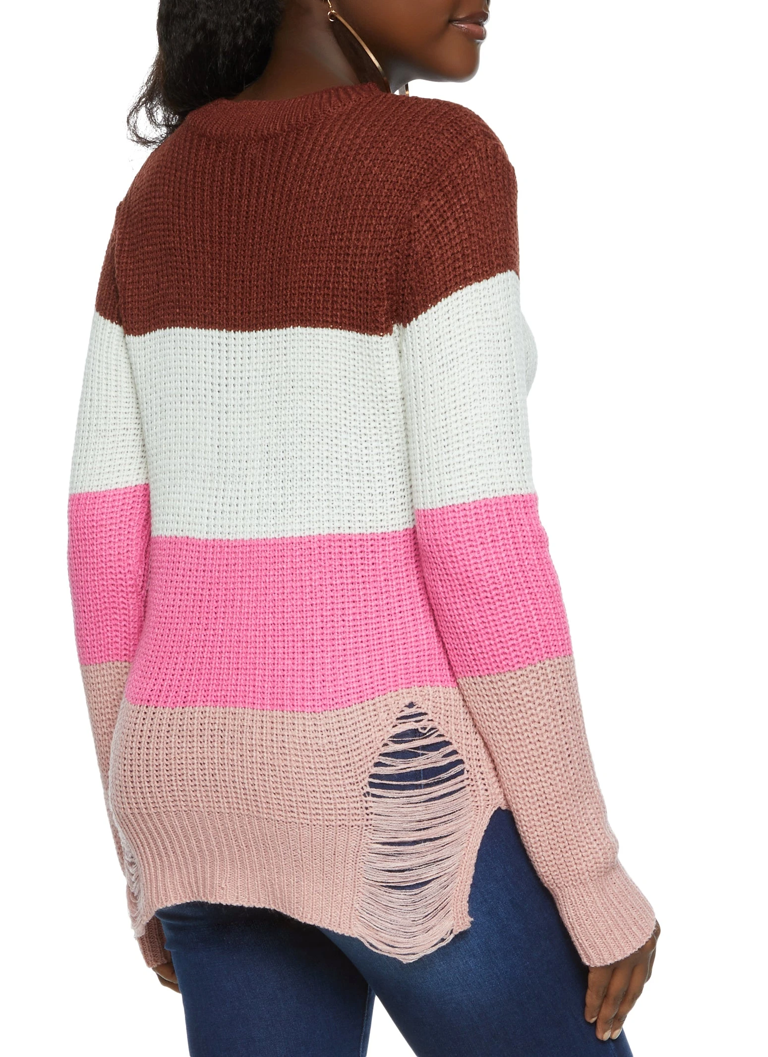Color Blocked Striped Distressed Tunic Sweater - Image 2