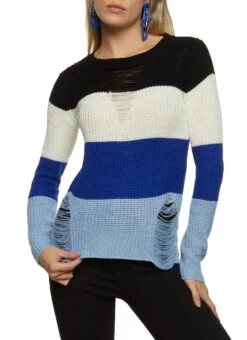 Color Block Distressed Crew Neck Sweater