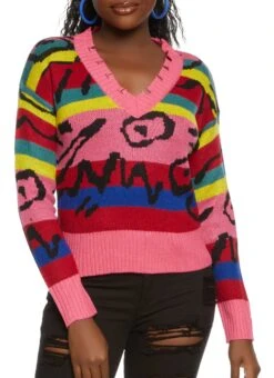 Striped Graffiti Print Frayed V Neck Sweater