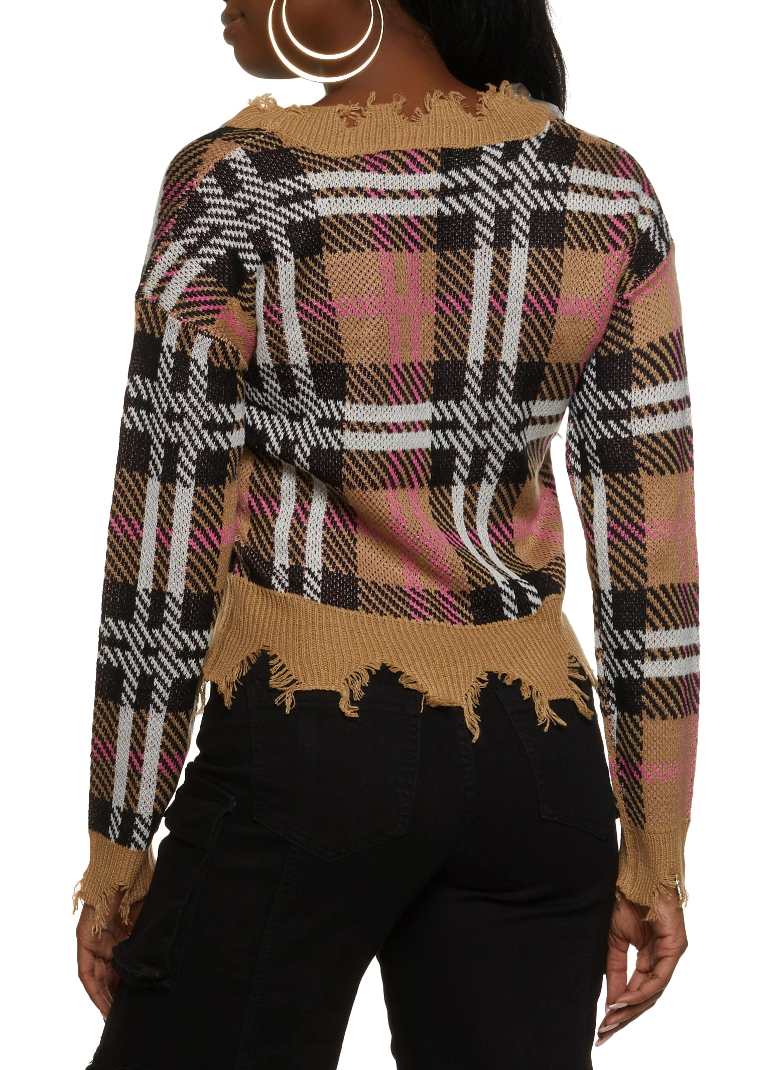Plaid V Neck Distressed Sweater - Image 2
