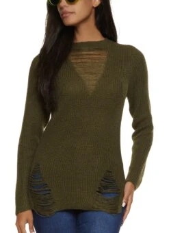 Ribbed Knit Distressed Pullover Sweater