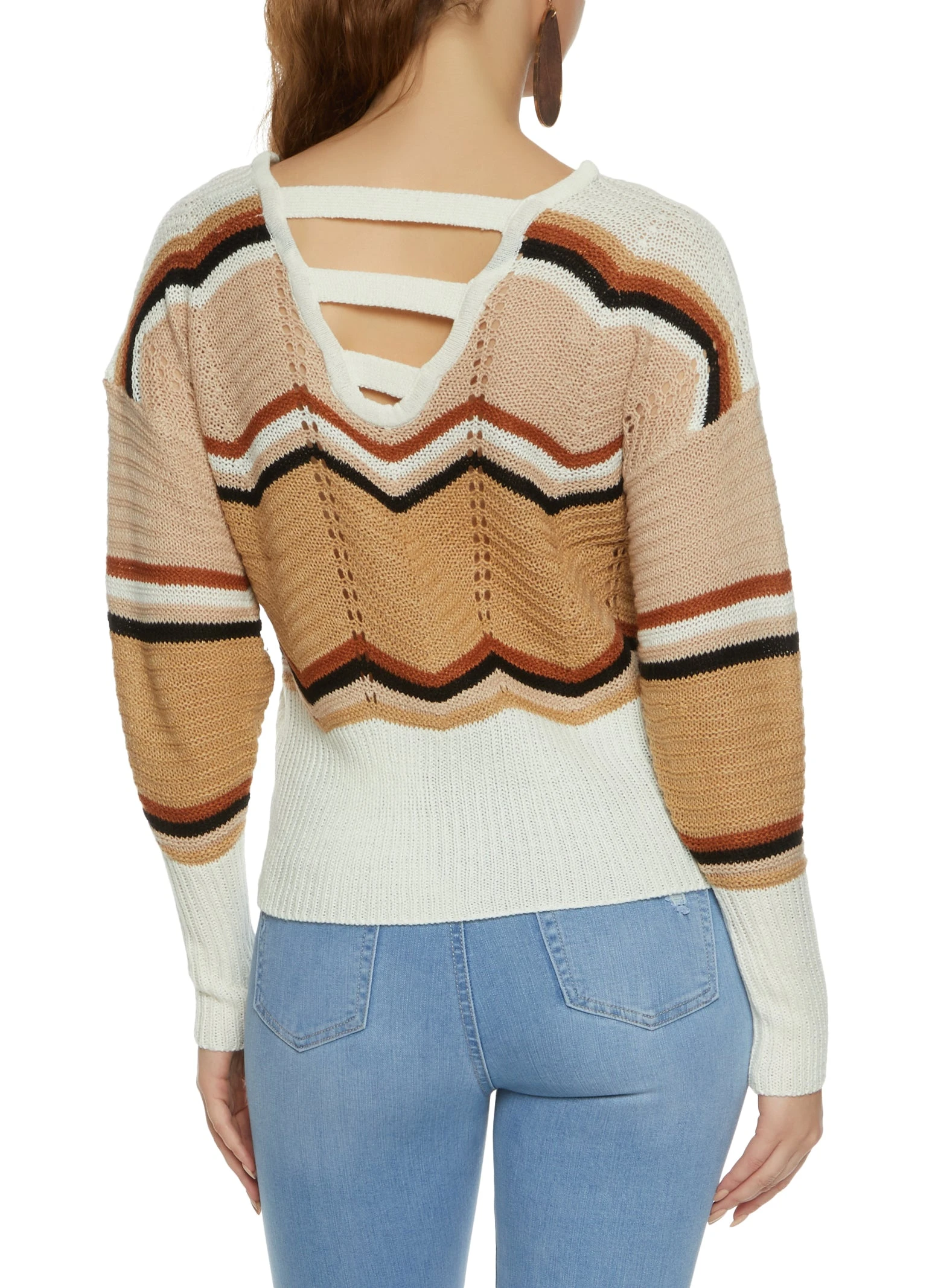 Chevron Knit Caged Back Pullover Sweater - Image 2