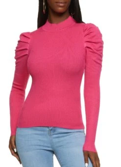 Long Puff Sleeve Mock Neck Sweater