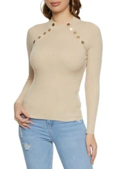 Faux Button Trim High Neck Sweater