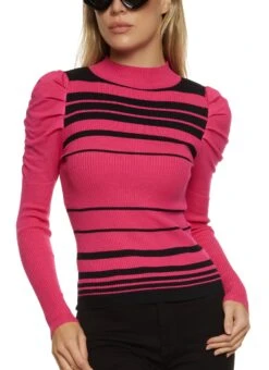 Ribbed Knit Puff Sleeve Striped Sweater