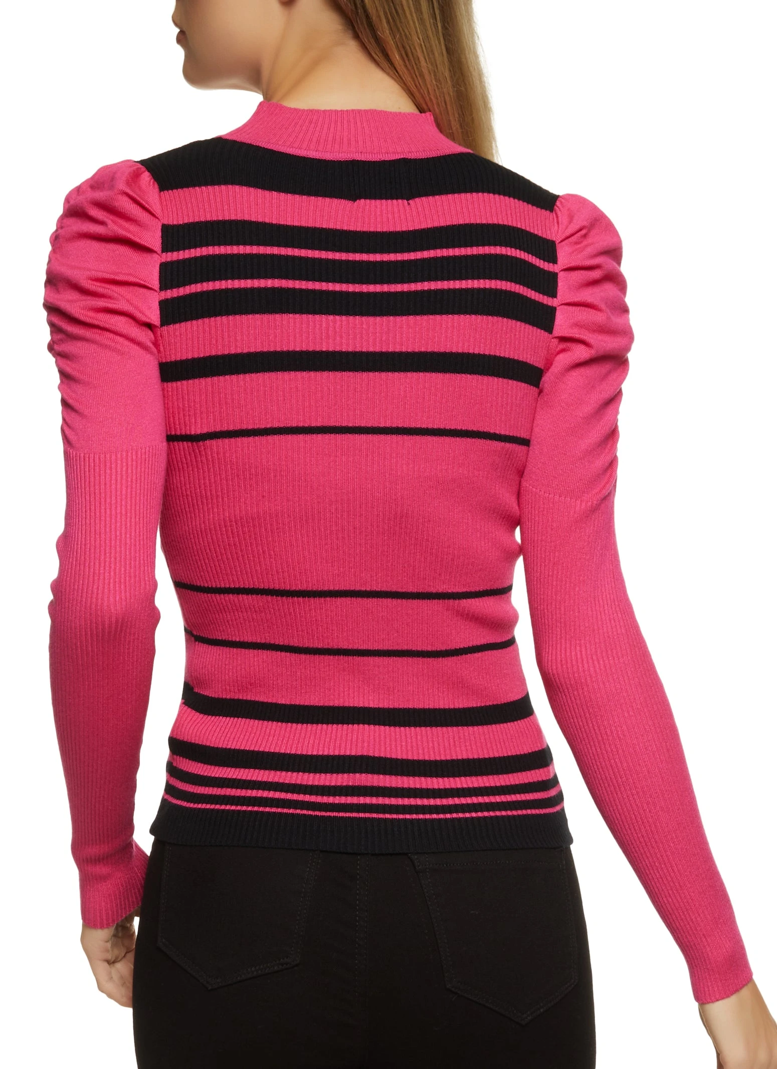 Ribbed Knit Puff Sleeve Striped Sweater - Image 2