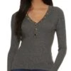 Snap Button V Neck Ribbed Knit Sweater