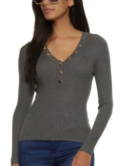 Snap Button V Neck Ribbed Knit Sweater